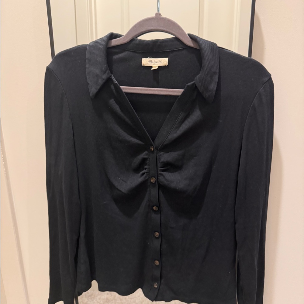 Madewell Black Button-Front Gathered Long Sleeve Shirt